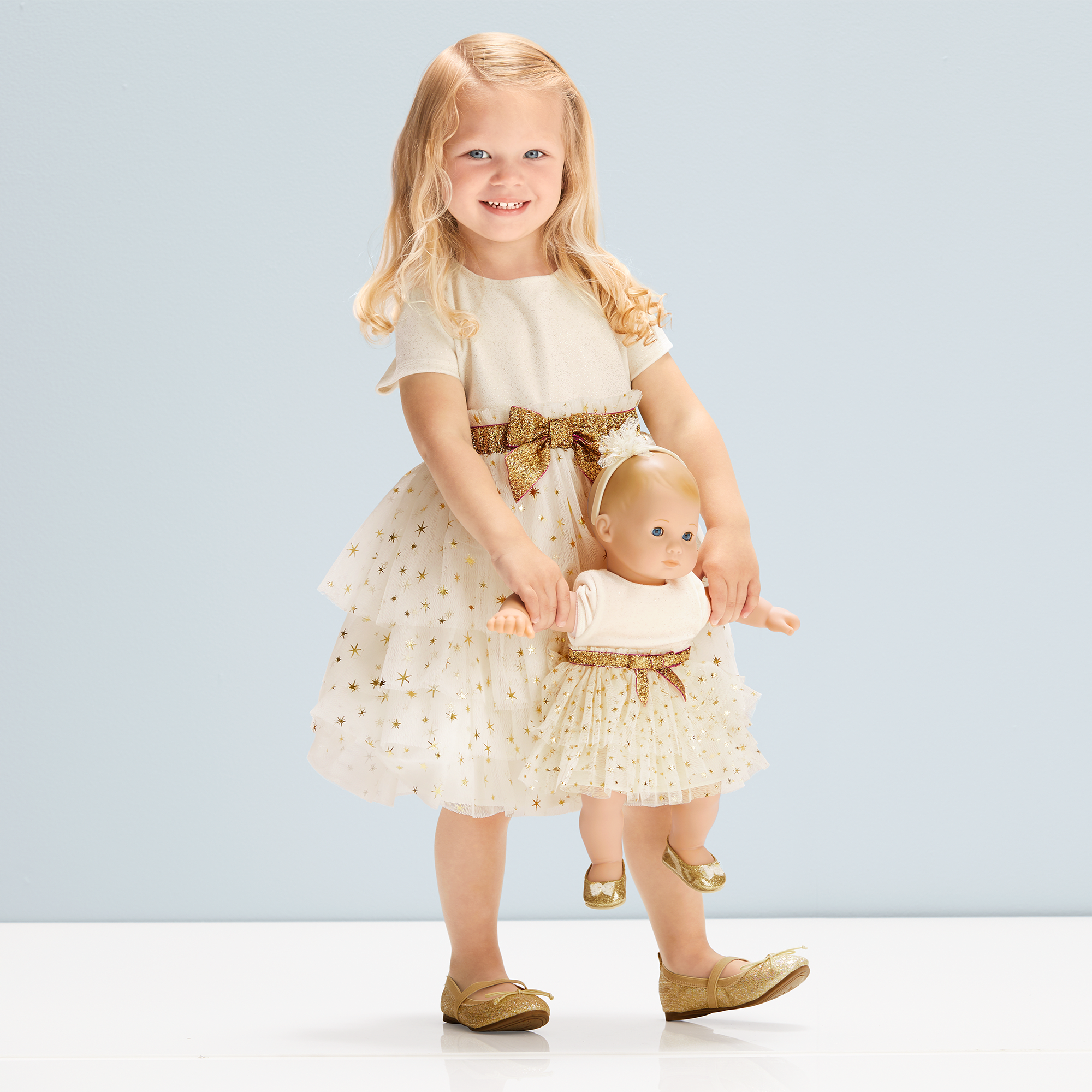 Golden Twinkle Dress For Little Girls & Bitty Baby Dolls